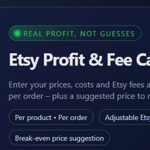 May include: A dark blue screen displays the text "Etsy Profit & Fee Calculator." The text explains how to calculate profit and fees. Buttons include "Per product," "Per order," and "Adjustable Etsy fees." The currency is set to USD and the language to EN.