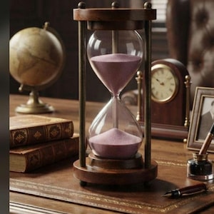 May include: A wooden hourglass with a dark brown finish and brass-toned metal supports. The glass bulbs contain fine, light purple sand that is currently flowing from the top chamber into the bottom chamber, creating a distinct hourglass shape.