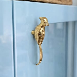 Peut inclure: Une poignée de meuble dorée en forme d'oiseau est fixée sur une porte d'armoire bleu clair. L'oiseau a des plumes détaillées et une longue queue incurvée. Un panier en osier est visible au-dessus de l'armoire.