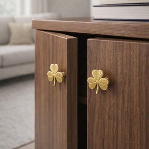 May include: A wooden cabinet with two doors, each featuring a gold-coloured shamrock-shaped handle. The cabinet has a dark brown finish. The background shows a living room setting with a sofa and books.