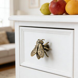 Könnte beinhalten: Weiße Holzschublade mit einem dekorativen Messinggriff in Bienenform. Der Bienen-Griff hat detaillierte Flügel und einen Körper. Auf der Schublade liegen eine Zitrone, ein roter Apfel und eine Orange.