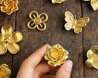 Messing Blumen Schubladenknauf, botanische Schrank Griff, handgefertigte Massivholz Möbelknopf für Kleiderschrank, Kommode, Küchendekor
