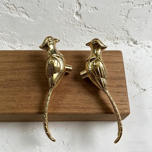 Op de afbeelding: Twee goudkleurige vogelvormige kastgrepen. De grepen zijn gemaakt van metaal en hebben een gedetailleerd ontwerp. Ze zijn gemonteerd op een houten oppervlak tegen een witte, getextureerde muur.