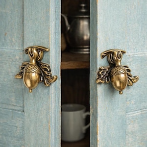 Peut inclure: Gros plan sur une armoire bleu clair avec des poignées en laiton en forme de gland. Les portes de l'armoire sont ouvertes, révélant une étagère avec une théière argentée et une tasse blanche. L'armoire a un aspect vintage.