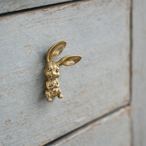 May include: A brass bunny-shaped drawer pull is fixed to a light blue wooden drawer. The bunny is seated with its ears pricked. The drawer has a distressed, rustic appearance, with a weathered finish.