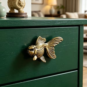 May include: A close-up of a dark green dresser drawer with a gold-coloured fish-shaped handle. The handle is intricately detailed, and the drawer has a visible wood grain texture. The dresser is part of a furniture set.