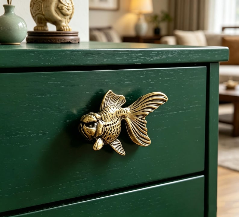 Op de afbeelding: Close-up van een donkergroene dressoirlade met een goudkleurige visvormige handgreep. De handgreep is ingewikkeld gedetailleerd en de lade heeft een zichtbare houtnerfstructuur. De dressoir maakt deel uit van een meubelset.