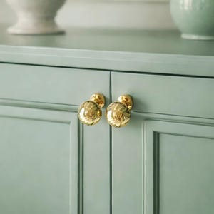 Peut inclure: Gros plan sur une armoire vert clair à deux portes et deux boutons dorés en forme de boule facettée. L'armoire fait partie d'un meuble plus grand. Des vases décoratifs avec de la verdure sont visibles en arrière-plan.