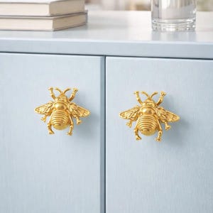 以下が含まれることがあります： 明るい青色のキャビネットドアに取り付けられた、2つの金色のハチ型キャビネットノブ。ノブには、羽、触角、体のセグメントが詳細に描かれています。背景には水を入れたグラスと2冊の本があります。