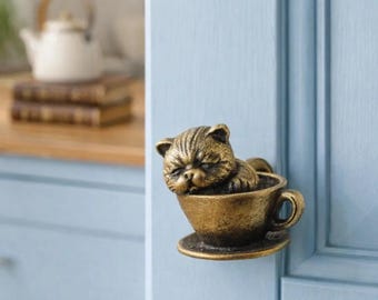 Messing ladehendel kat handvat, bronzen koffiekop pot knop, handgemaakte koperen kast handvat voor huisdierdeur, kledingkast en kleine deuren