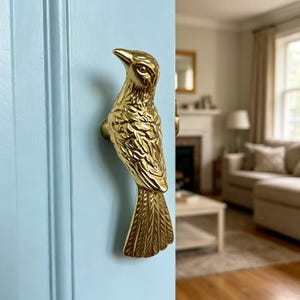 Könnte beinhalten: Ein goldfarbener, vogelförmiger Türgriff an einer hellblauen Tür. Der Griff ist detailliert mit strukturierten Federn und einem markanten Schnabel gestaltet. Der Hintergrund zeigt einen Einblick in ein Wohnzimmer.
