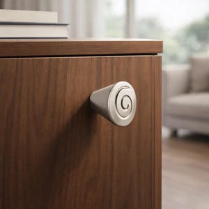 Peut inclure: Un bouton de meuble en nickel brossé avec un motif en spirale. Le bouton est monté sur une porte d'armoire en bois brun foncé. Le bouton a une forme conique avec une face circulaire présentant un motif en spirale en retrait. Le meuble fait partie d'un meuble plus grand.