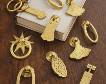 Ginkgo Leaf Brass Drawer Pull, Minimalist Cabinet Handle, Solid Brass Wardrobe Door Knob, Nature Inspired Furniture Hardware