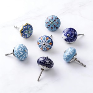 Tirador rústico de estilo granja, pomo de cerámica floral para armario – Tirador redondo vintage para armario, pomo de mueble pintado