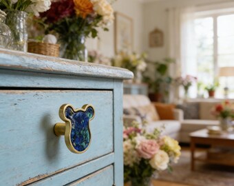 Pomo de oso de concha para gabinete, tirador de cajón con forma de oso, tirador de armario de un solo orificio hecho a mano, pomo de animal para gabinete, herrajes para muebles vintage