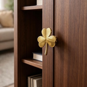 May include: A gold-toned metal cabinet knob shaped like a three-leaf clover with a textured, ribbed surface. The clover knob is mounted on the vertical edge of a dark brown wooden cabinet door, which features visible wood grain patterns.