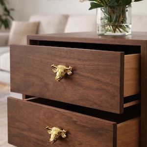 Puede incluir: Una mesita de noche de madera marrón oscuro con dos cajones, cada uno con un tirador dorado en forma de cabeza de toro. El cajón superior está parcialmente abierto. Encima hay un jarrón con flores.