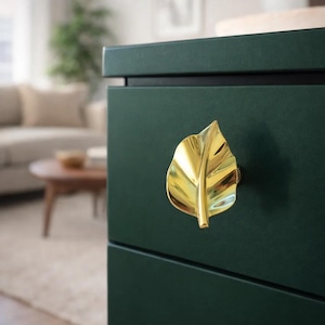 May include: A gold-colored leaf-shaped drawer pull is mounted on a dark green cabinet. The cabinet is part of a larger piece of furniture, with a visible drawer. The background is blurred, showing a living room setting.