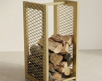 Modern Firewood Rack with Mesh Sides | Indoor Log Holder for Fireplace | Metal Wood Storage Stand | Sturdy Log Storage | Multiple Sizes & Co