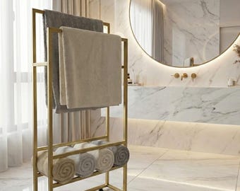 Modern Metal Freestanding Towel Rack with Storage Shelf – Minimalist Spa Organizer