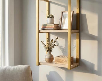 Modren Wall Shelf — Floating Metal Frame & Natural Wood Shelves | Modern Rustic Wall-Mounted Display