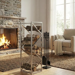 May include: A contemporary metal log store filled with logs, placed near a stone fireplace with a burning fire. A black fireplace tool set stands nearby. The room has a neutral colour scheme with a rug and a beige armchair.