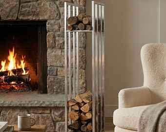 Tall Firewood Log Holder, Modern Indoor Fireplace Wood Storage