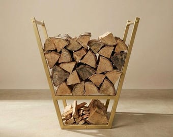 Modern Iron Firewood Rack – Minimalist Indoor Log Holder with Kindling Shelf