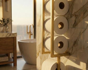 Modern Brass-Tone Wall Toilet Paper Holder — Vertical Double-Roll + Storage, Minimal Bathroom Accessory, Space-Saving Design