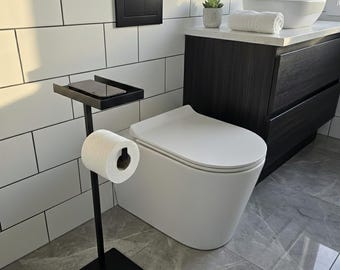 Modern Toilet Paper Holder with Phone Shelf, Freestanding Bathroom Organizer