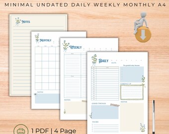 Blue Gentle Floral Planner Printable Minimal Undated Daily Weekly Monthly A4