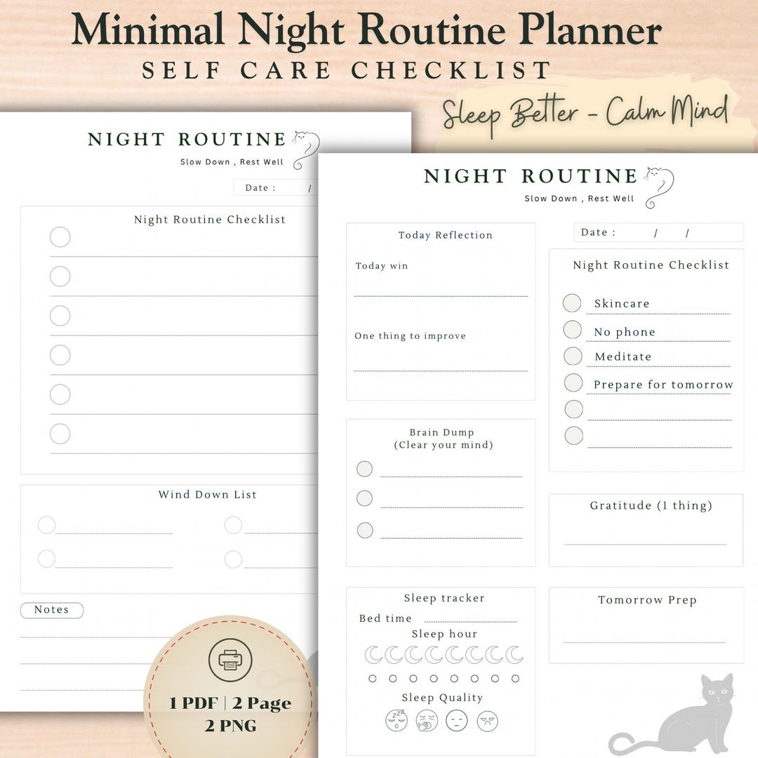 Night Routine Planner Printable, Minimal Self Care Planner, Daily Reset ...