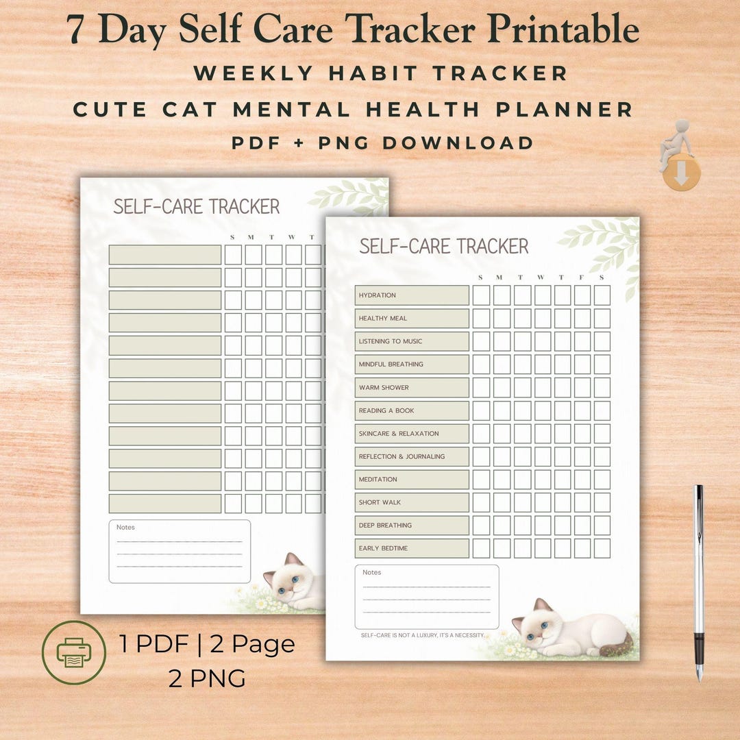 7 Day Self Care Tracker Printable, Weekly Habit Tracker, Mental Health ...