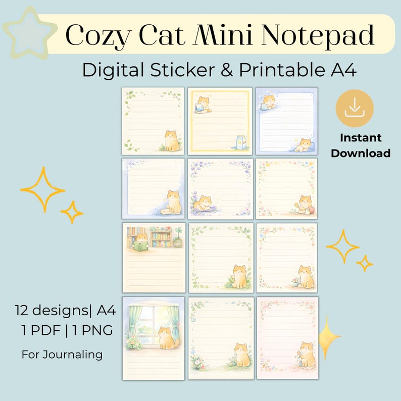 Cozy Notes Cozy Cat Mini Notepad Printable | Journaling Notes A4 | 12 Designs PDF ...