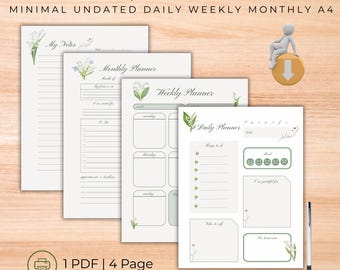 Gentle Lily Planner Printable Minimal Undated Daily Weekly Monthly A4