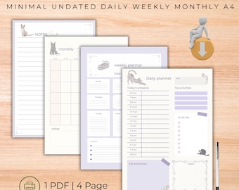 Gentle Cat Planner Printable Undated Daily Weekly Monthly A4