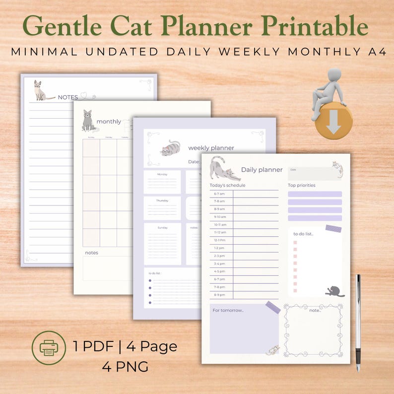 Gentle Cat Planner Printable Undated Daily Weekly Monthly A4 - Etsy