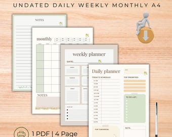 Little Green Bird Planner Printable-Undated Daily Weekly Monthly A4
