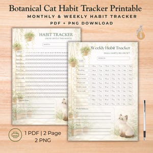 May include: A printable habit tracker with a botanical cat theme. The design includes a monthly and weekly tracker, with space to monitor habits. The text on the image reads "Botanical Cat Habit Tracker Printable" and "Monthly & Weekly Habit Tracker."