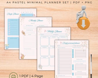 Gentle Floral Planner Printable A4 | Pastel Minimal Pages | Daily Weekly Monthly Planner | PDF  PNG