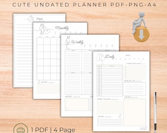 May include: A set of four printable cat-themed planner pages. The pages include sections for notes, monthly, weekly, and daily planning. The planner pages are white with minimalist cat illustrations and text. The text includes "Minimal Cat Planner Printable" and "Cute Undated Planner PDF-PNG-A4".