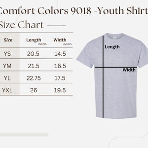 The image is a size chart for a youth shirt, providing measurements for different age groups.