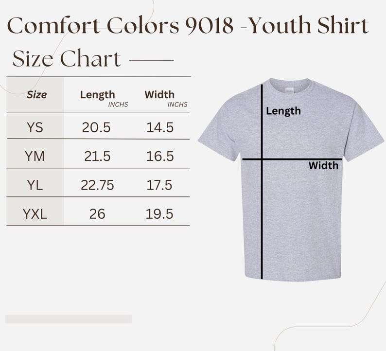 The image is a size chart for a youth shirt, providing measurements for different age groups.