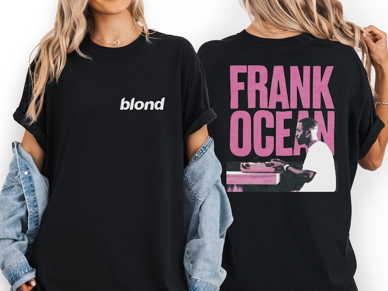 two people wearing black t-shirts with the text "blond" and "FRANK OCEAN" printed on them.