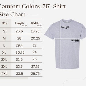 The image is a size chart for a t-shirt, providing measurements for different sizes such as S, M, L, XL, 2XL, and 4XL. The chart includes the corresponding widths for each size, ranging from 26.6 to 29.75 inches.