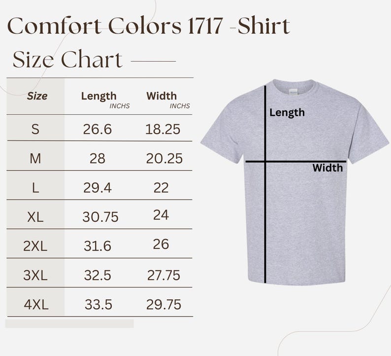 The image is a size chart for a t-shirt, providing measurements for different sizes such as S, M, L, XL, 2XL, and 4XL. The chart includes the corresponding widths for each size, ranging from 26.6 to 29.75 inches.
