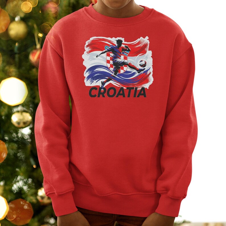 A red sweater with a graphic of a soccer player and the word "Croatia" printed on it.