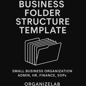 Può includere: Grafica nera con testo bianco che recita "BUSINESS FOLDER STRUCTURE TEMPLATE". Sotto il testo c'è un disegno a tratto di una cartella con diversi divisori di file. Il testo "SMALL BUSINESS ORGANIZATION ADMIN, HR, FINANCE, SOPS" è sotto la grafica della cartella. La parola "ORGANIZELAB" è in basso.