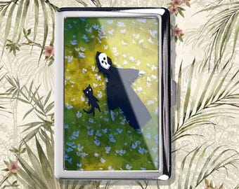 Estuche para cigarrillos con forma de gato de la muerte, caja metálica vintage, cartera