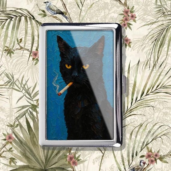 Black Cat Smoking Cigarette Case Vintage Metal Box Wallet